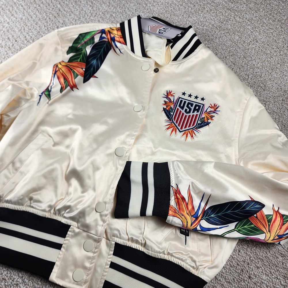 Pro Standard USWNT Varsity Jacket Womens Medium Cream Paradise Satin Floral US